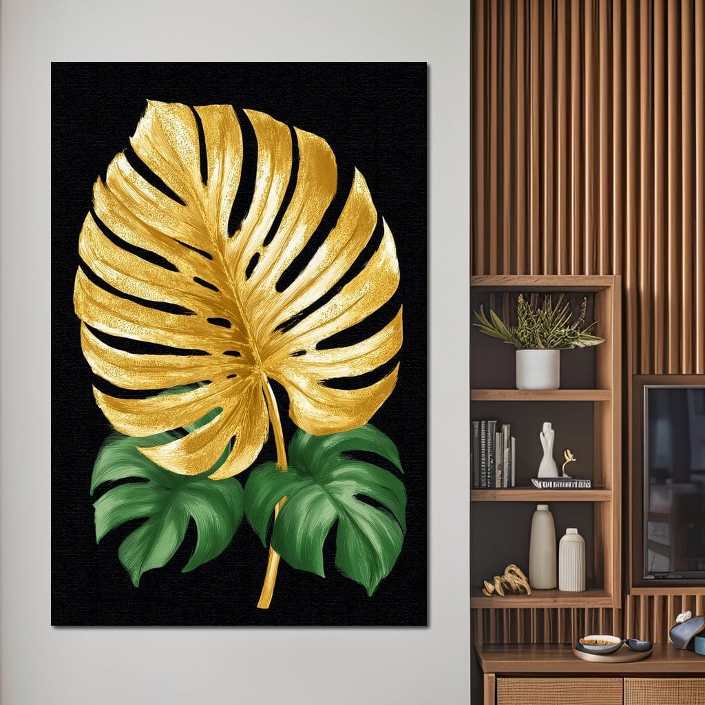 Golden Monstera Leaf Elegance Canvas Wall Art