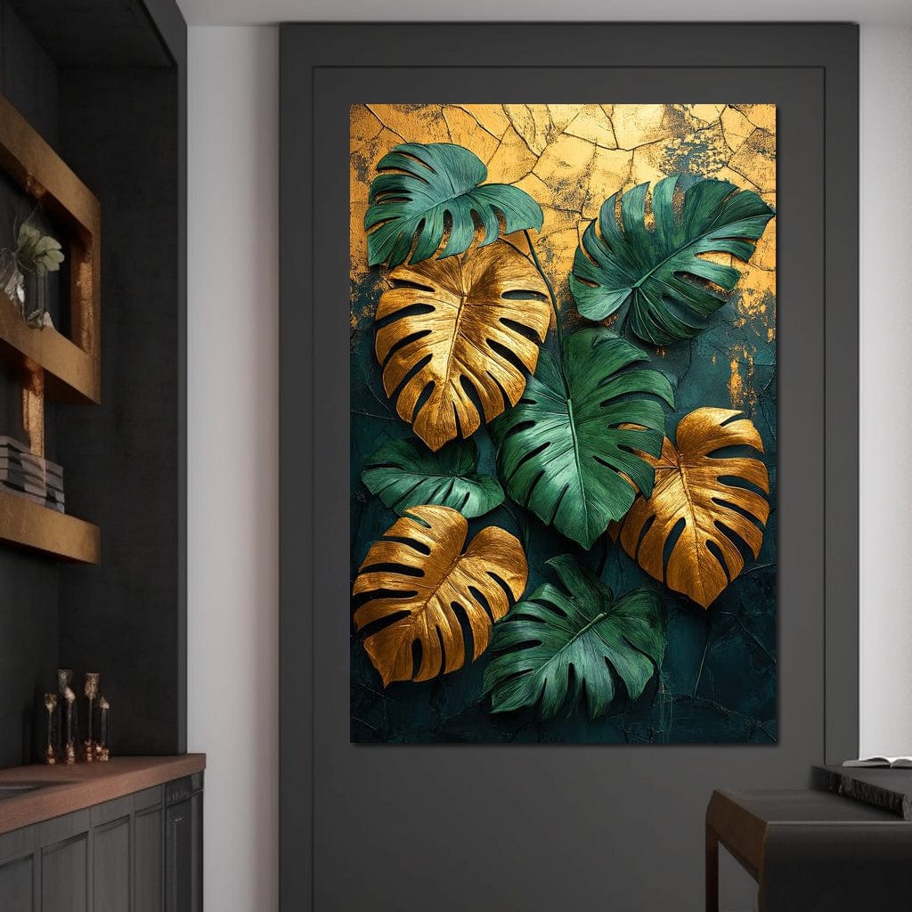 Golden Monstera Leaves Canvas Wall Art