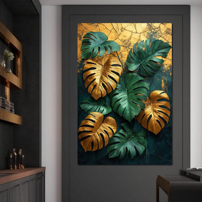 Golden Monstera Leaves Canvas Wall Art