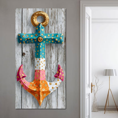 Golden Dotted Nautical Anchor Canvas Wall Art