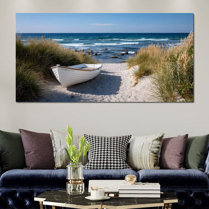 White Rowboat Coastal Dunes Canvas Wall Art