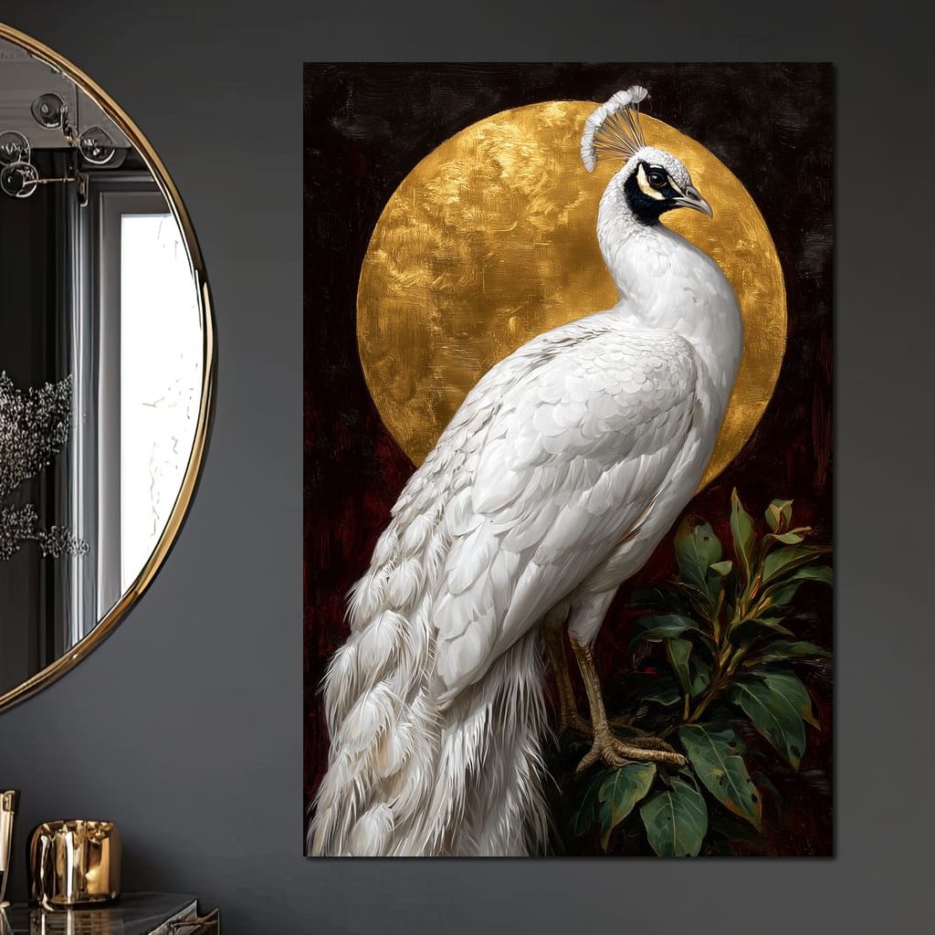 Golden Halo White Peacock Pose Canvas Wall Art