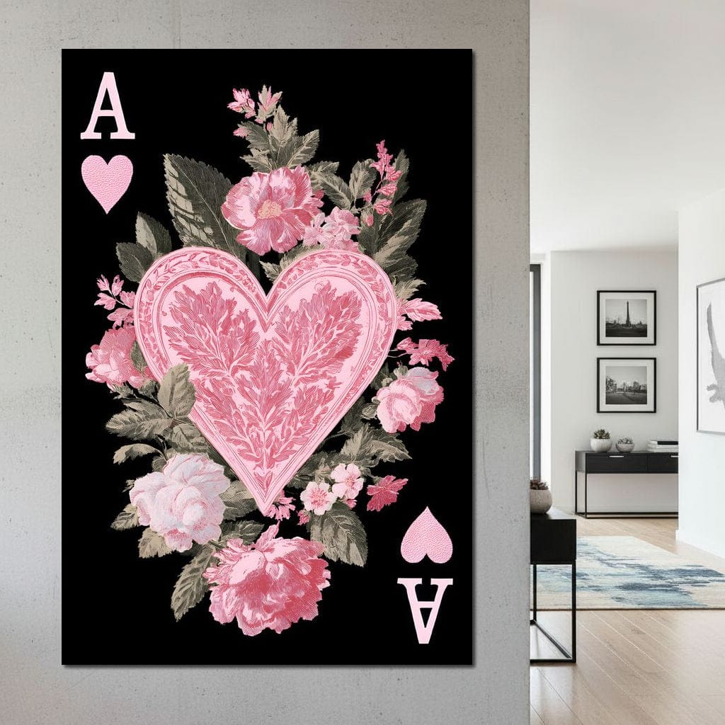 Floral Ace of Hearts Pink Rose Canvas Wall Art