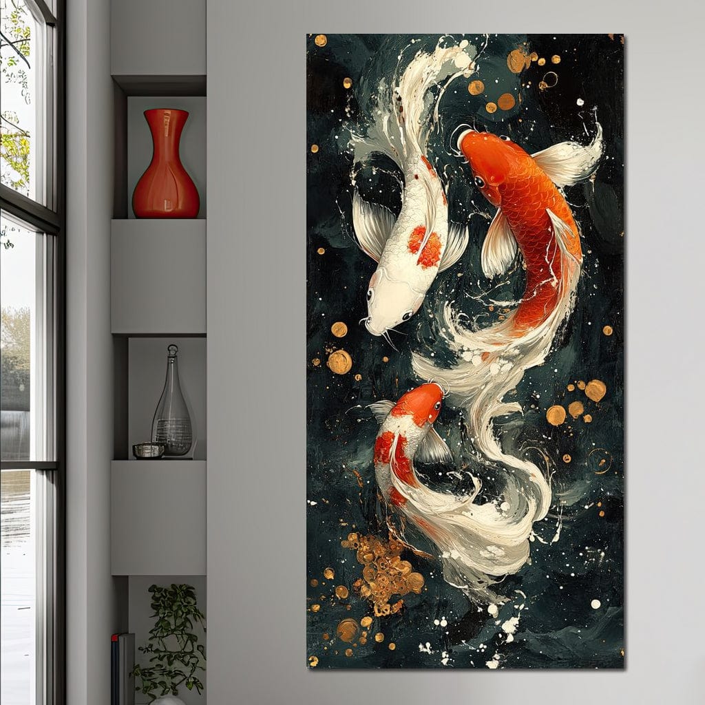 Koi Dance Under Golden Moon Canvas Wall Art