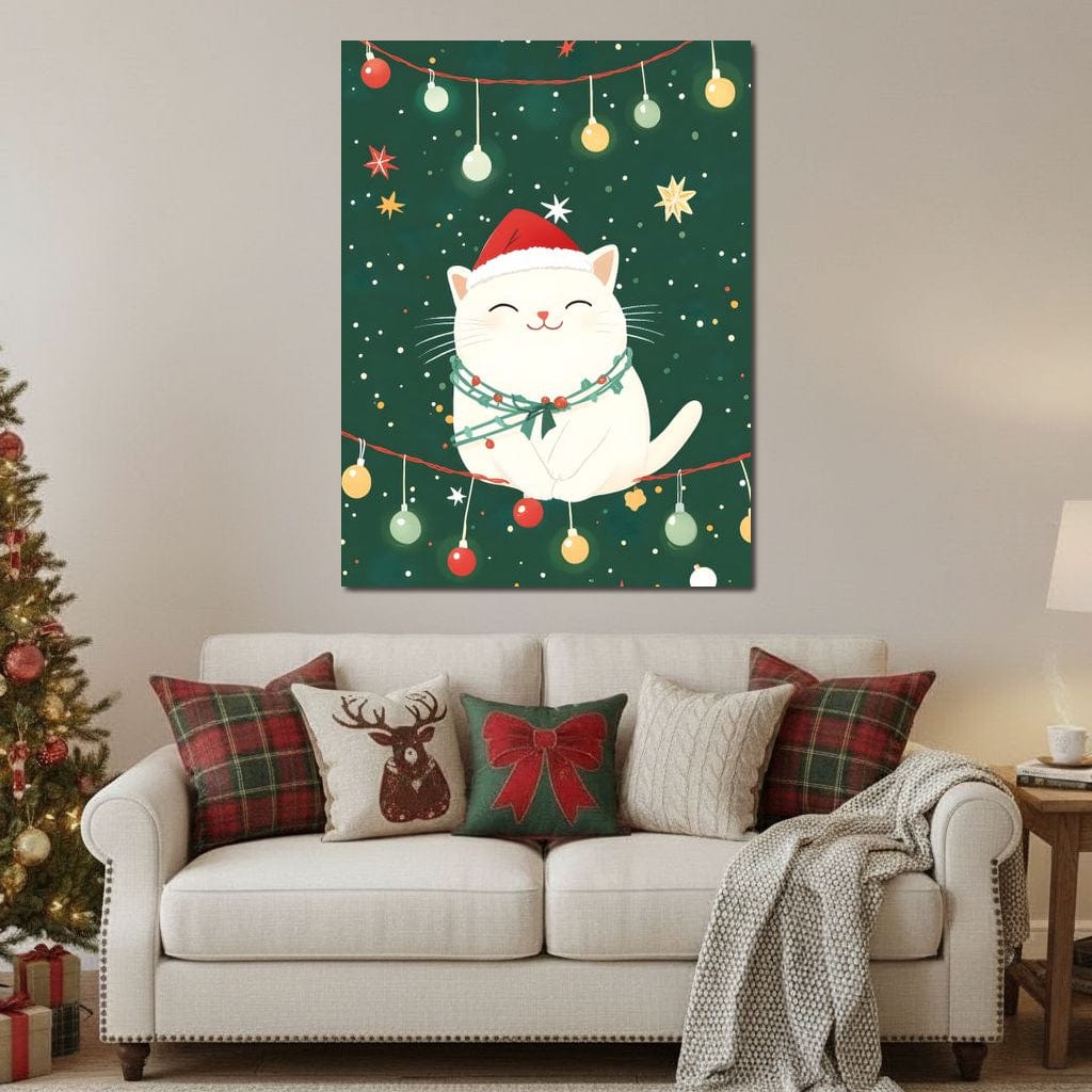 Jolly Santa Kitty Holiday Lights Canvas Wall Art