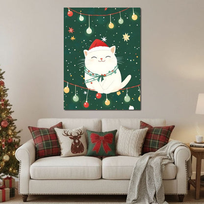 Jolly Santa Kitty Holiday Lights Canvas Wall Art