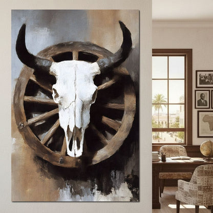 Western Bull Skull Wagon Wheel Canvas Wall Art