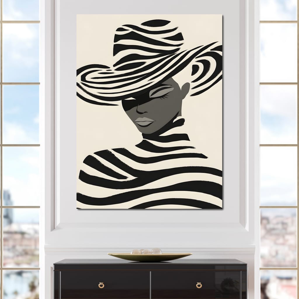 Monochrome Zebra Hat Lady Canvas Wall Art