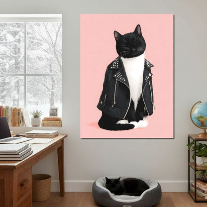 Biker Cat Attitude On Soft Pink Canvas Wall Art