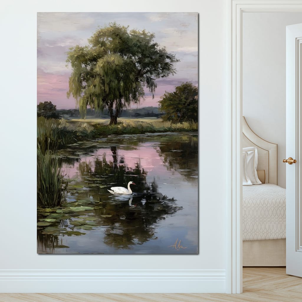 Swan Pond Willow Sunset Sky Canvas Wall Art