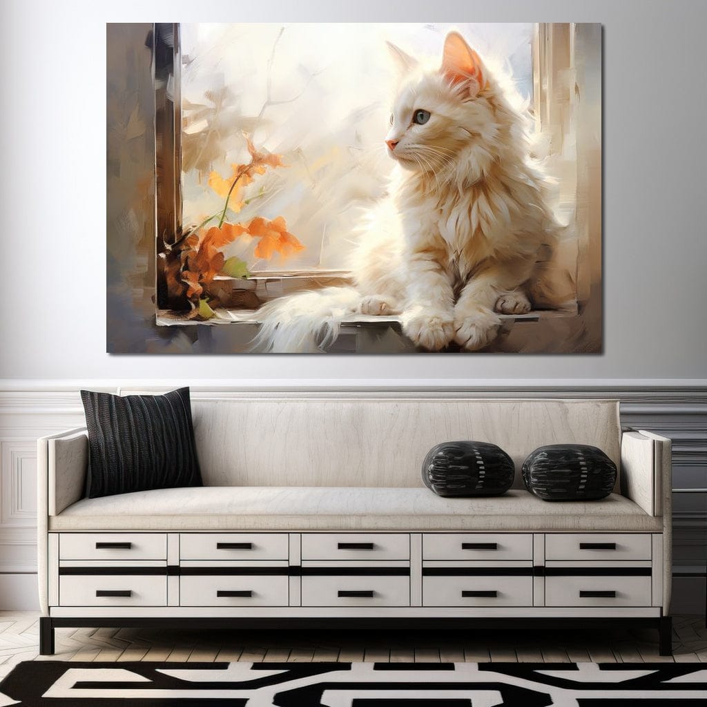 White Cat Sitting on Windowsill Canvas Wall Art