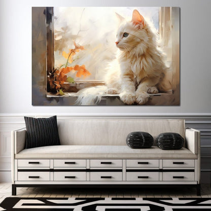White Cat Sitting on Windowsill Canvas Wall Art