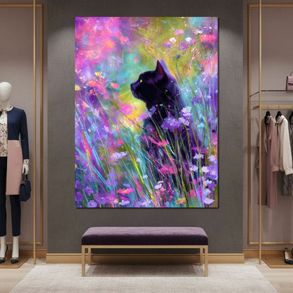Midnight Feline Among Wildflowers Canvas Wall Art