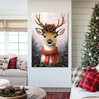 Holiday Reindeer Berries Cheer Canvas Wall Art