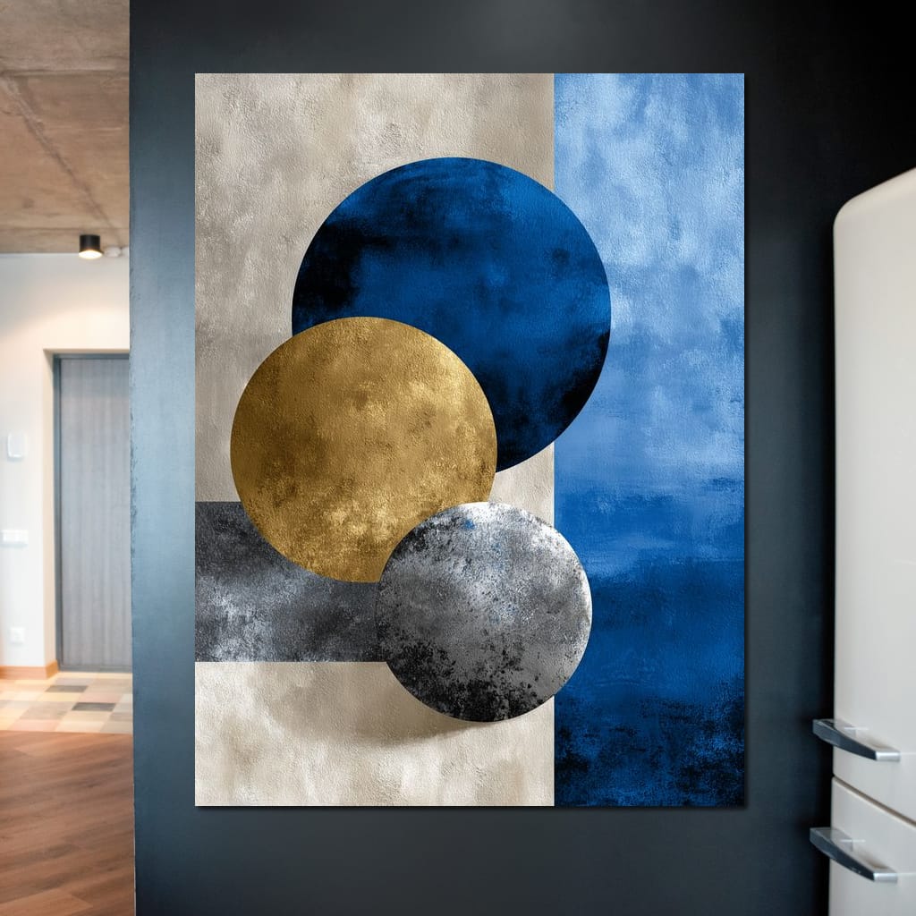 Modern Geometric Blue Gold Orbit Canvas Wall Art
