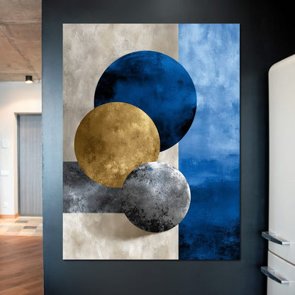 Modern Geometric Blue Gold Orbit Canvas Wall Art