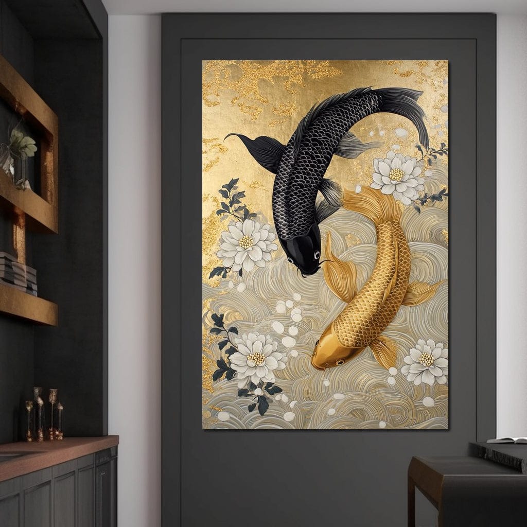 Koi Harmony with White Blossoms Canvas Wall Art
