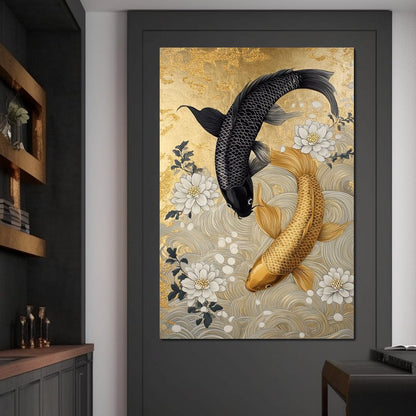 Koi Harmony with White Blossoms Canvas Wall Art