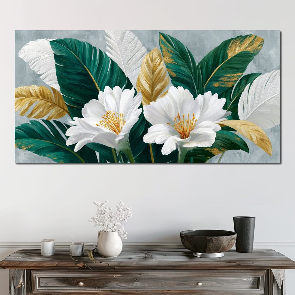 Gilded Tropical White Peony Canvas Wall Art