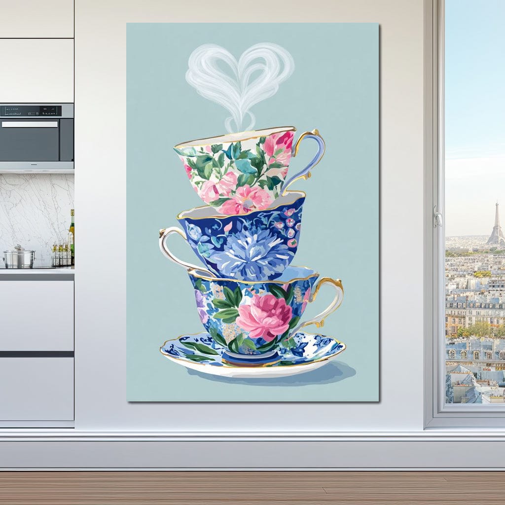 Vintage Floral Teacup Stack Delight Canvas Wall Art