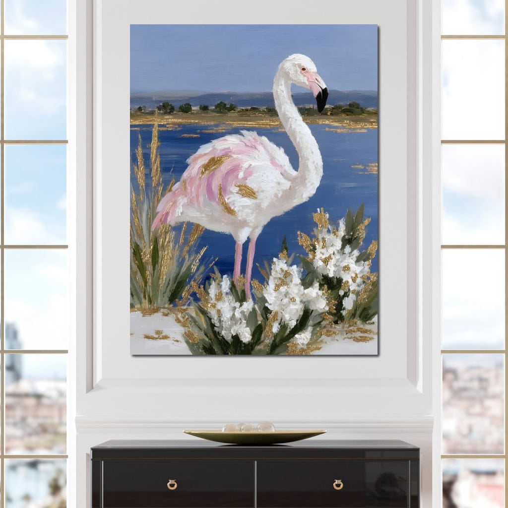 Coastal Flamingo Gold Glint Canvas Wall Art