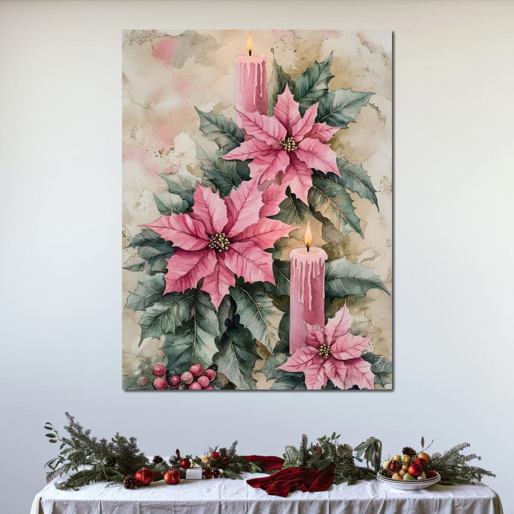 Festive Poinsettia Candle Glow Canvas Wall Art