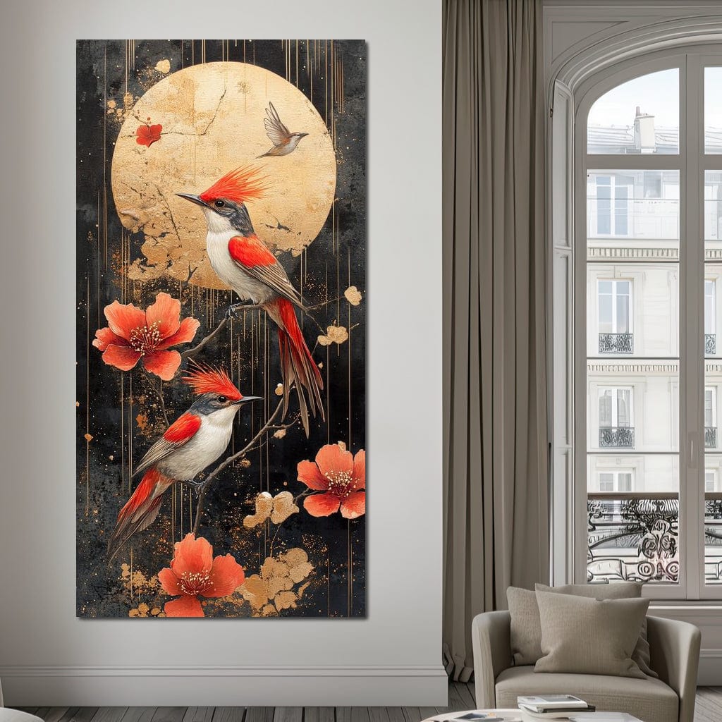 Golden Birds and Blossoms Fantasy Canvas Wall Art