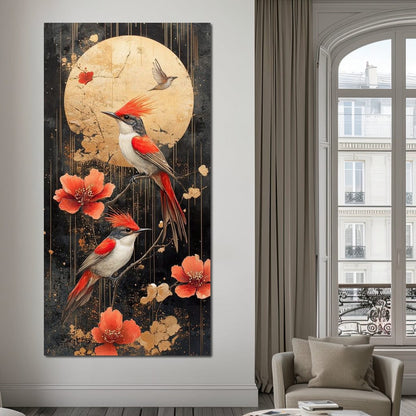 Golden Birds and Blossoms Fantasy Canvas Wall Art