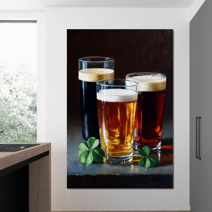 Stout Ale Lager With Shamrocks Canvas Wall Art