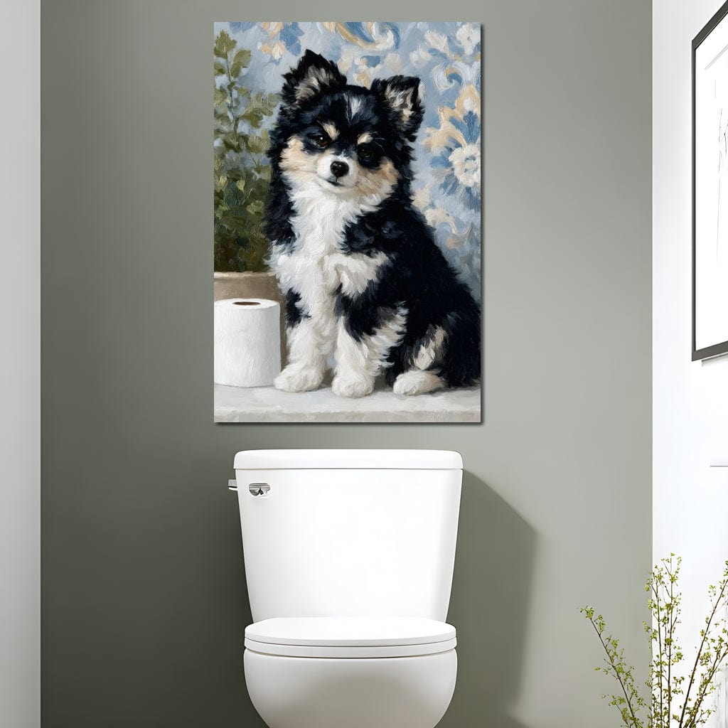 Playful Puppy Bathroom Guard Canvas Wall Art