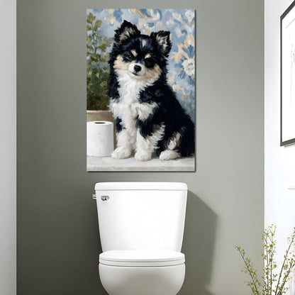 Playful Puppy Bathroom Guard Canvas Wall Art
