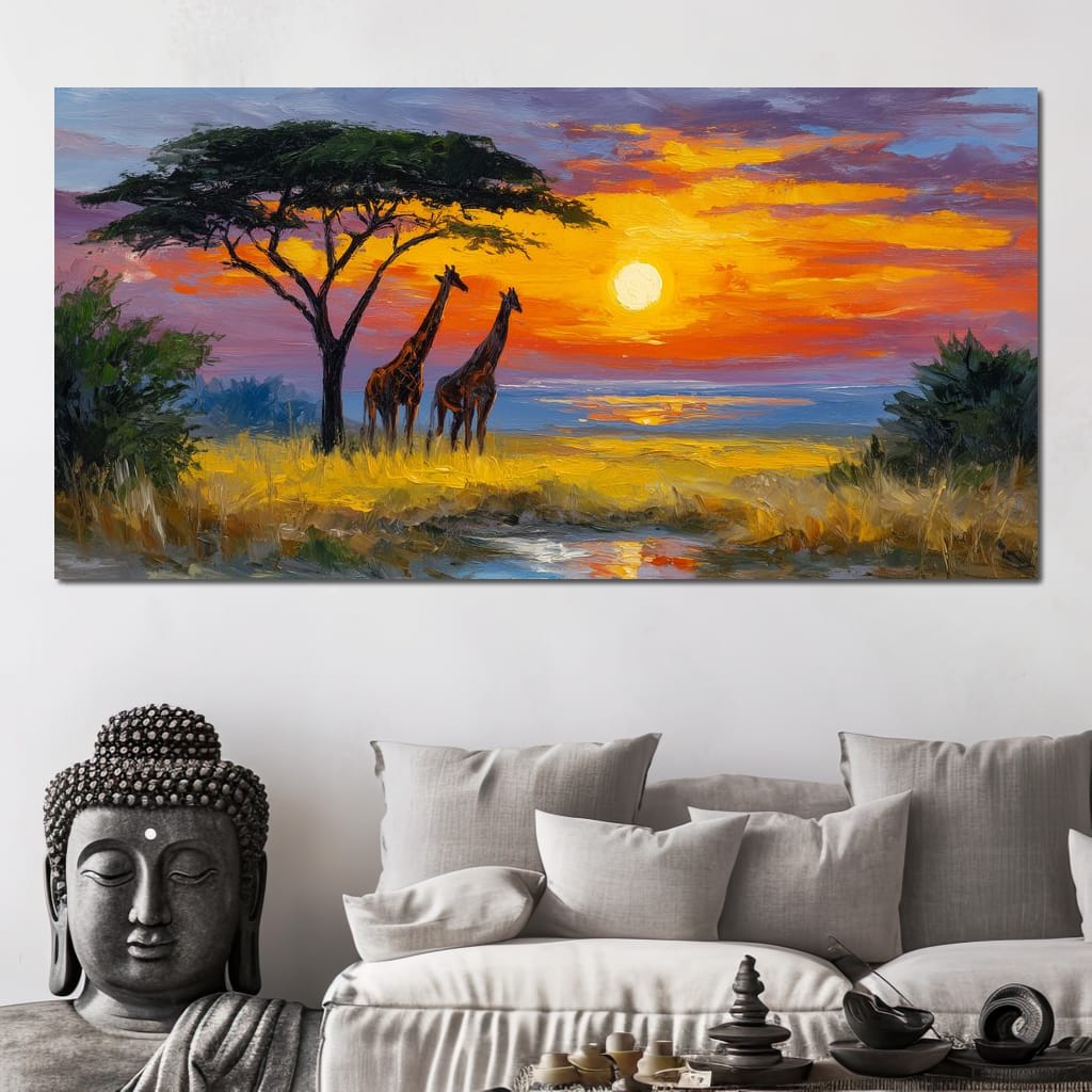 Savanna Giraffes Sunset Glow Canvas Wall Art