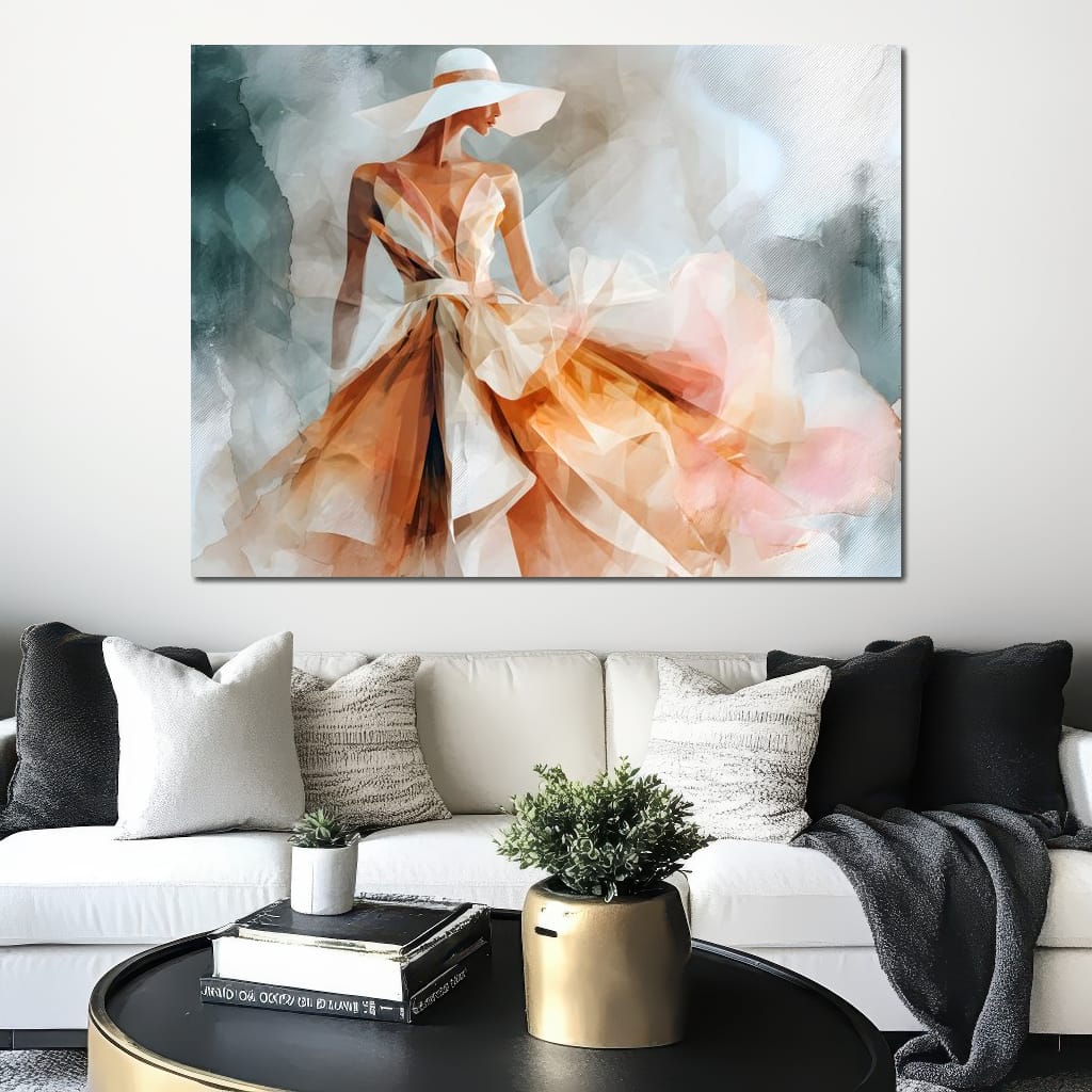 Sun Hat Lady in Peach Gown Canvas Wall Art