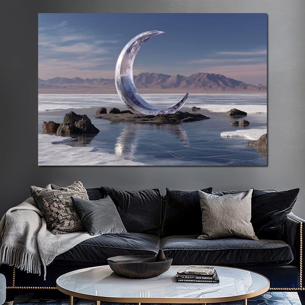 Silver Crescent Over Salt Flats Canvas Wall Art