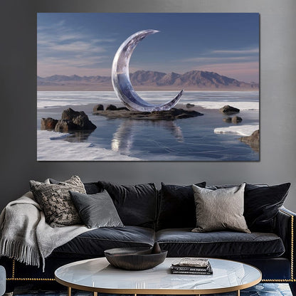 Silver Crescent Over Salt Flats Canvas Wall Art