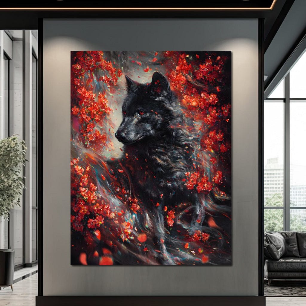 Black Wolf Rose Petal Storm Canvas Wall Art