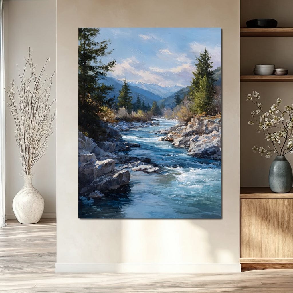 Alpine River Through Pines Canvas Wall Art
