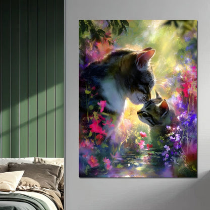 Gentle Cats Nuzzle Floral Dream Canvas Wall Art