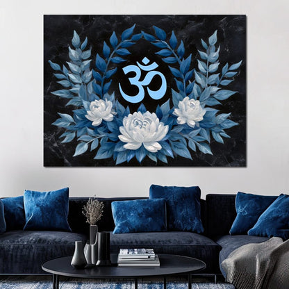 Om Symbol Blue Lotus Wreath Canvas Wall Art