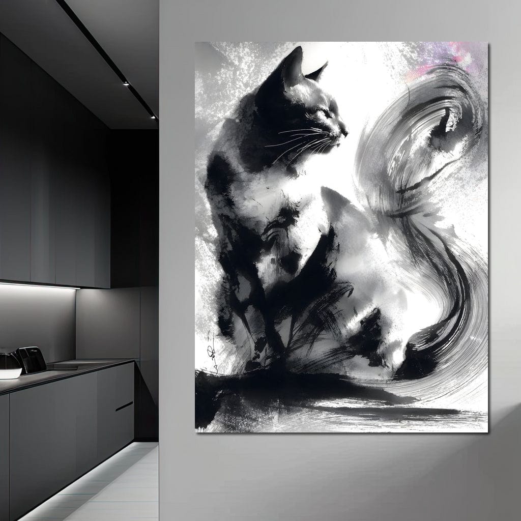 Sumi Ink Cat Reflecting Shadow Canvas Wall Art