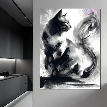 Sumi Ink Cat Reflecting Shadow Canvas Wall Art