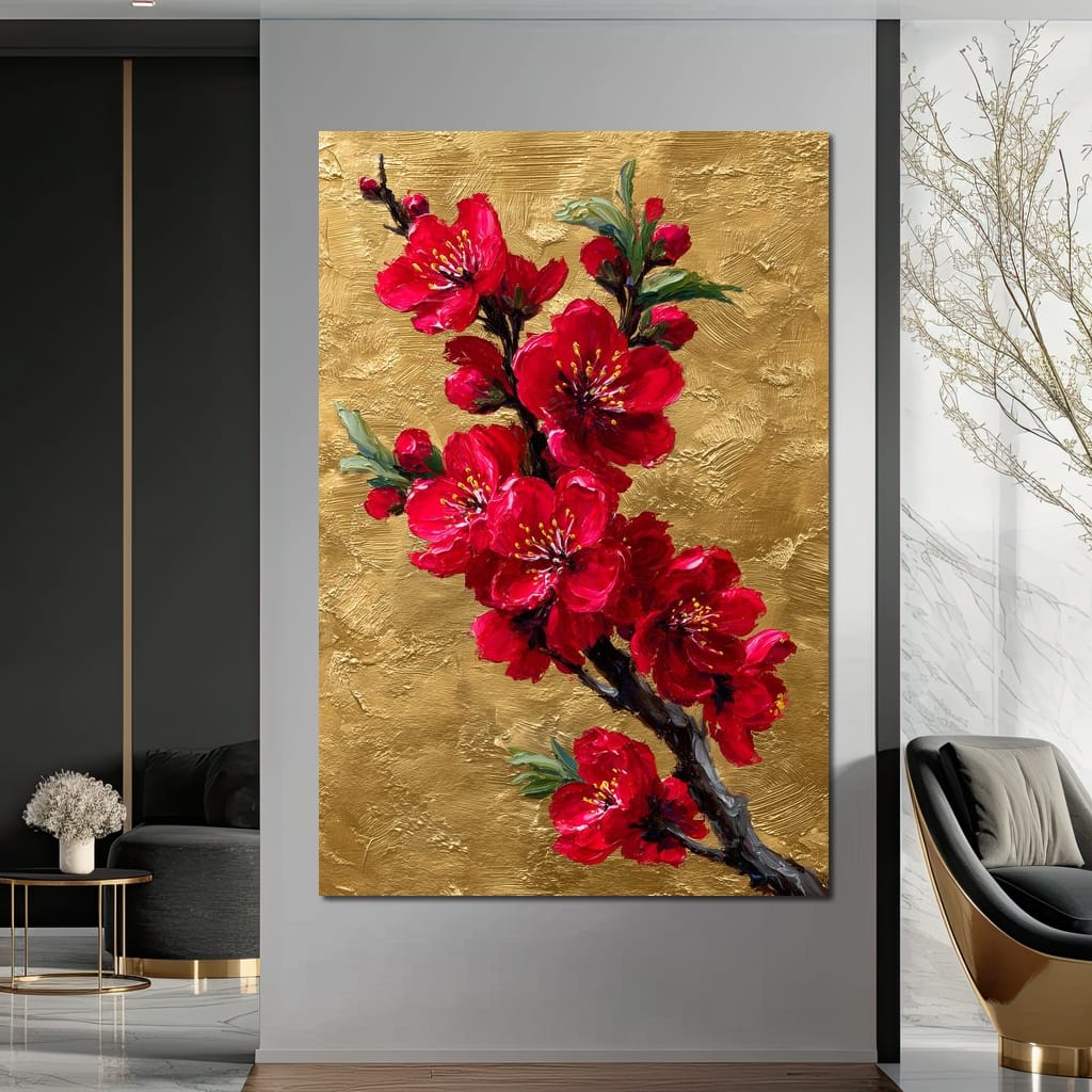 Golden Sakura Blossom Branch Canvas Wall Art