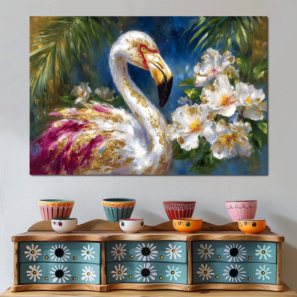 Gilded Flamingo Garden Glow Canvas Wall Art