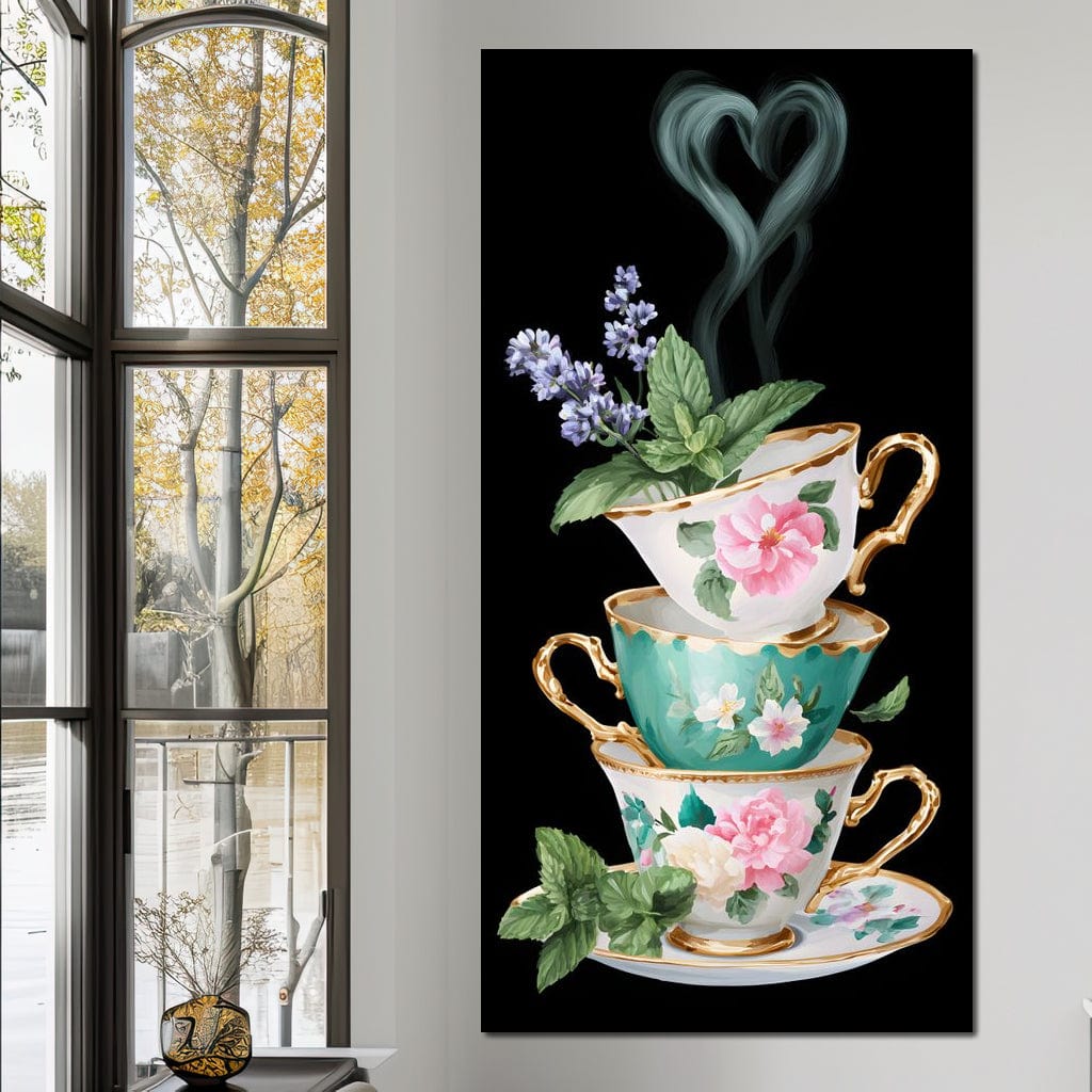 Golden Teacups Botanical Romance Canvas Wall Art