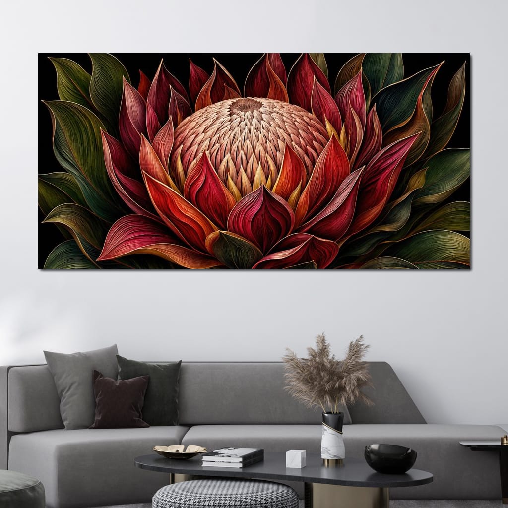 Crimson Protea Flame Crown Canvas Wall Art