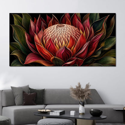 Crimson Protea Flame Crown Canvas Wall Art