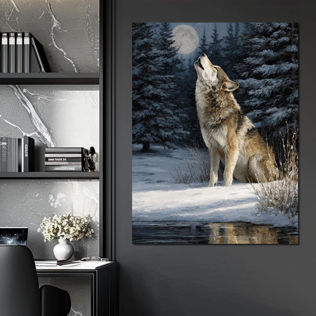 Moonlit Wolf Winter Howl Night Canvas Wall Art