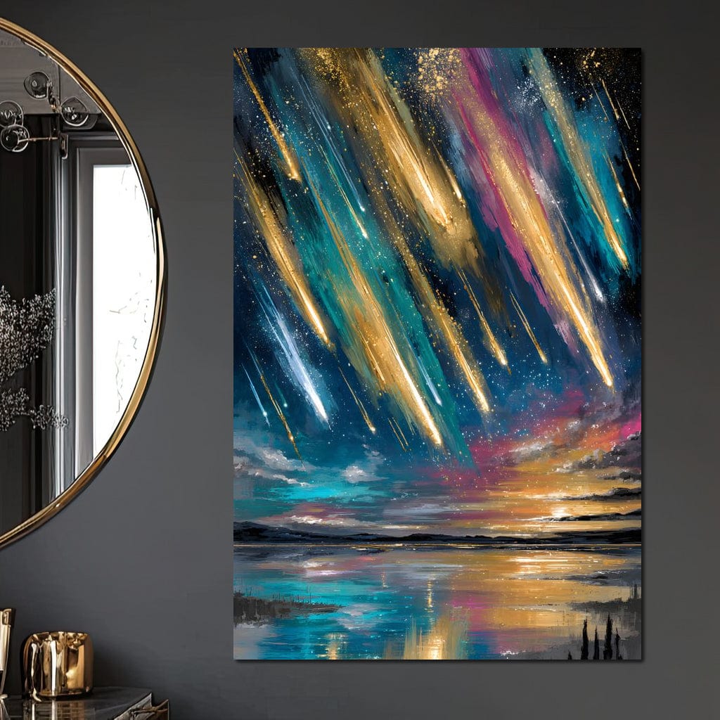 Golden Meteors Over Silent Lake Canvas Wall Art