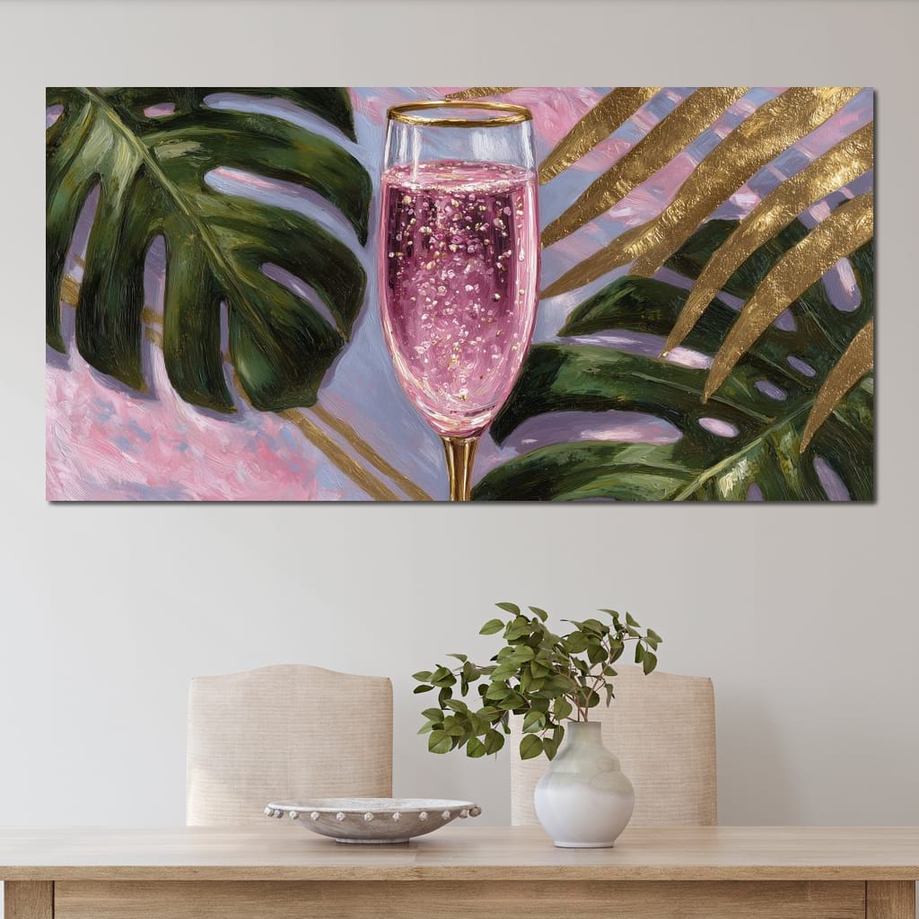 Pink Fizz Gold Palm Soiree Canvas Wall Art