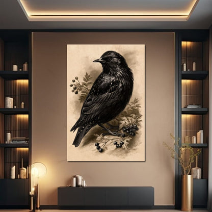Solitary Starling Perched Upon Hawthorn Branch Canvas Wall Art